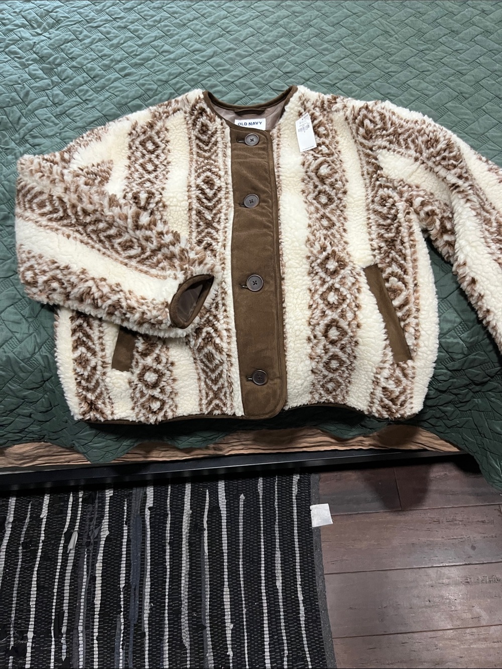 Old Navy Cream and Brown Patterned Sherpa Jacket